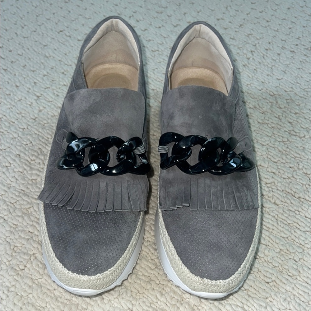 Vaneli Gray and Black Suede Loafers with Fringe